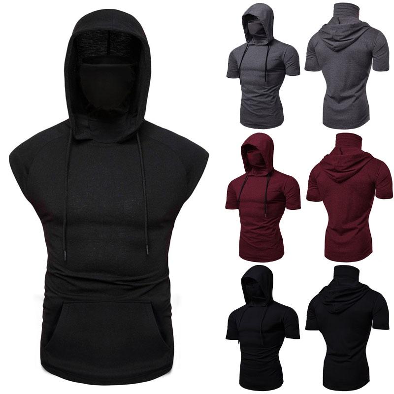 Stylish Men's Hooded Pullover T Shirt Tank Top With Protective Mask For Active Wear