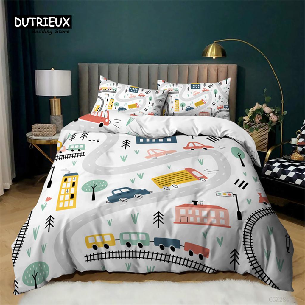 Boys Cartoon Car Duvet Cover Twin King Kids Construction Vehicles Bedding Set Microfiber Cartoon Machinery Truck Comforter Cover