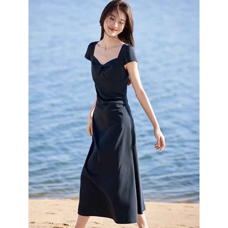 Elegant Square Neck Cinched Waist A-Line Midi Dress L