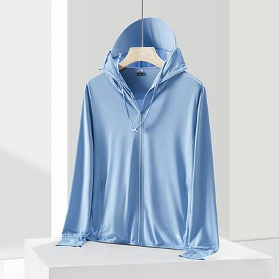 Men’s UPF50+ Ice Silk Sun Protection Jacket with Detachable Brim Hood UV Protection Lightweight Breathable Long Sleeve Summer Sun Hoodie
