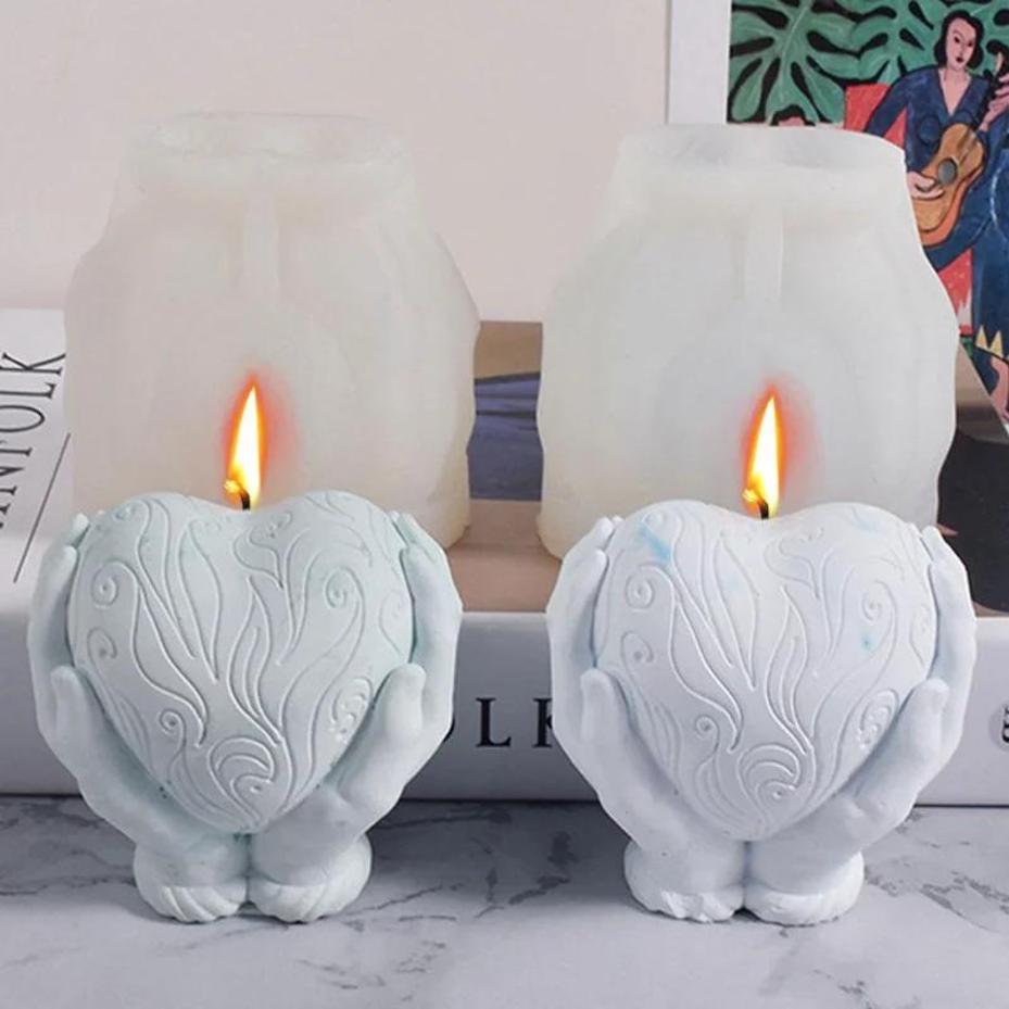 Two-handed Holding Love Candle Silicone Mold Carved Heart-shaped Candle Making Plaster Soap Chocolate Baking Tool Wedding Gift