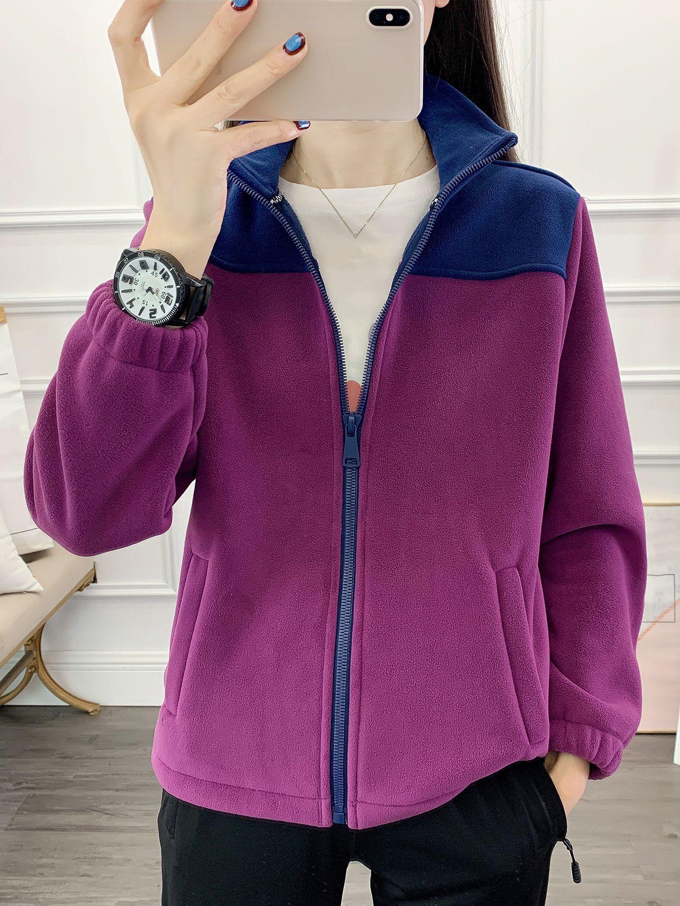 

Oli Velvet Color-Block Fleece Jacket: Unisex Elastic Warm Windbreaker with Stand-Up Collar and Brushed Liner L