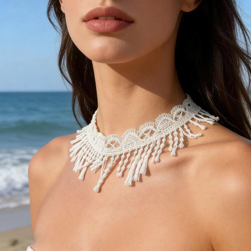 

Bohemian White Lace Choker Necklace Vintage Floral Tassel Choker For Women Bridal Beach Wedding Party Jewelry A1