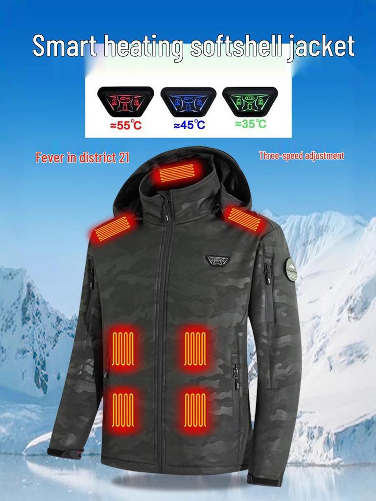 21st District Smart Beheizte Softshelljacke - USB Elektrische Fleecegefütterte Windjacke für Outdoor Radfahren & Angeln Wärme