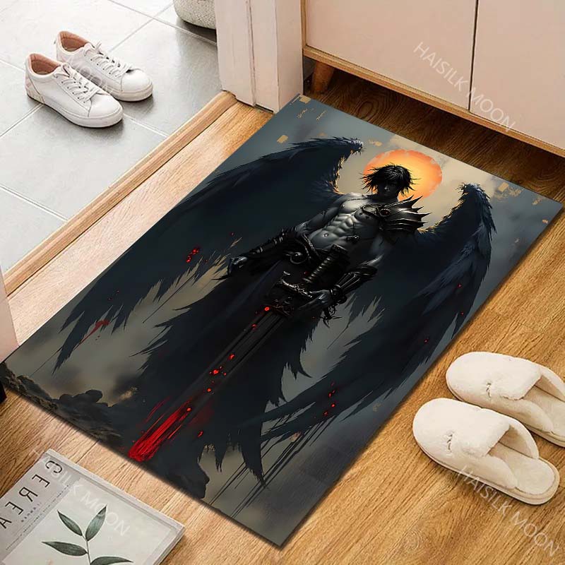 Dark-winged warrior holding sword Print Carpet Rug for Living Room Bedroom Sofa Doormat Home Decor Non-slip Floor Mat