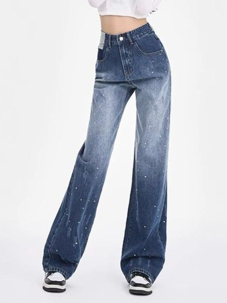 Gradient Fashion Design Wide Leg Jeans Women Autumn New High Waist Elegant Slim Long Pants Casual Drape Straight Mop Pants