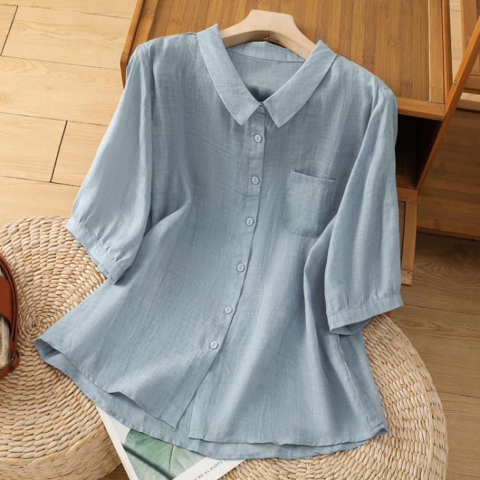 Algodón Lino Casual irt Mujer Verano Ajuste Holgado Versátil Color Agel Cinco Sve Cuello Flip Top