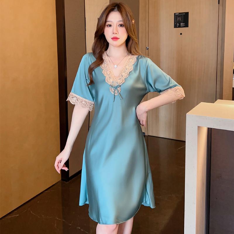 Silk Pajamas, Spring And Summer, Thin Sexy Sweet Lace Embroidered Short-Sleeved Dresses, Nightdresses, Loungewear