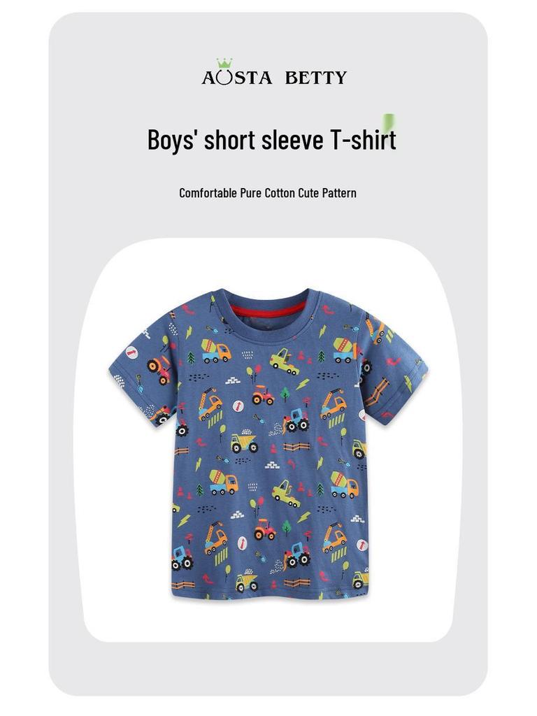Summer Kids' Short-Sleeve T-Shirt with Construction Vehicle Print - European/American Style
