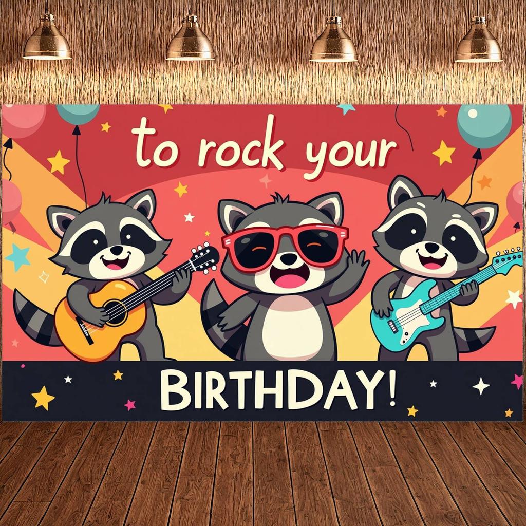 Rock N Roll Banner Lively Theme Animal Birthday Decor Raccoon Birthday Banner Star Decoration Music Event Banner For Kids