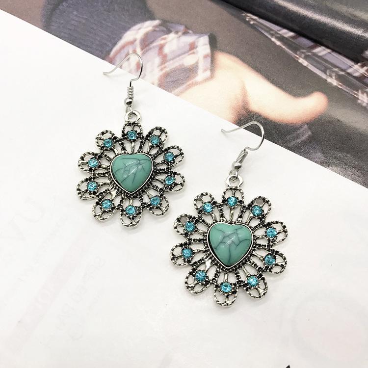 Vintage Necklace Earrings Set Bohemian Ancient Silver Turquoise Sweater Collarbone Chain Versatile Earrings