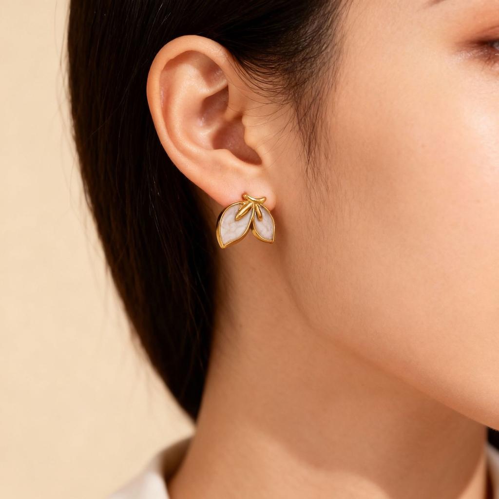 DIEYURO 316L Stainless Steel White Drip Oil Simple Flower Leaf Earrings Lady Waterproof Fashion Ear Studs Jewelry Glamorous
