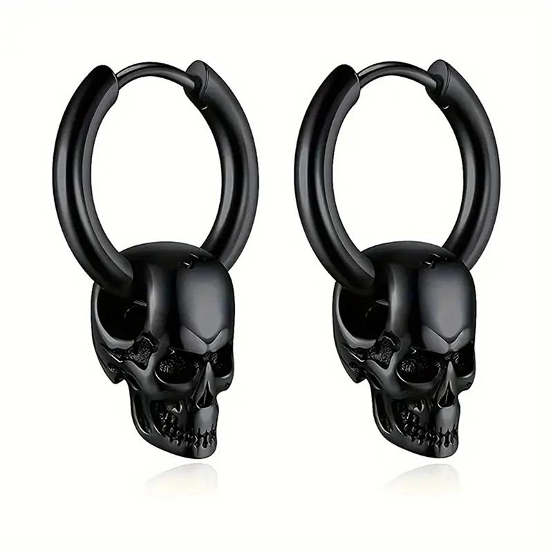 1 Pair Of Black Skull Head And Hoops Luxury Earrings of Men's Earring For Jewellery 2024,men's Stainless Steel Earring