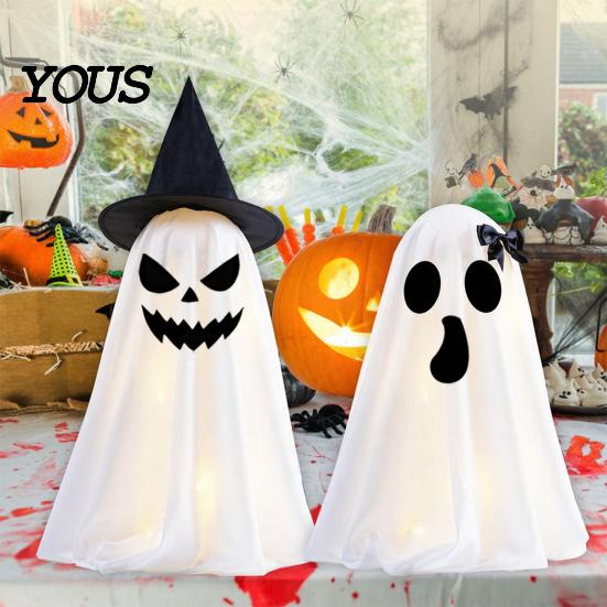 Halloween Ghost Decor Decoration, Indoor Tabletop Standing with Witch Spooky White Ornament Hat/Bow for Mantel Dining Table Party Home