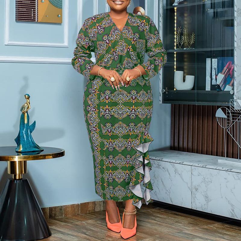 Robes Imprimées Élégantes à Col en V et Manches Longues pour Femmes Grandes Tailles