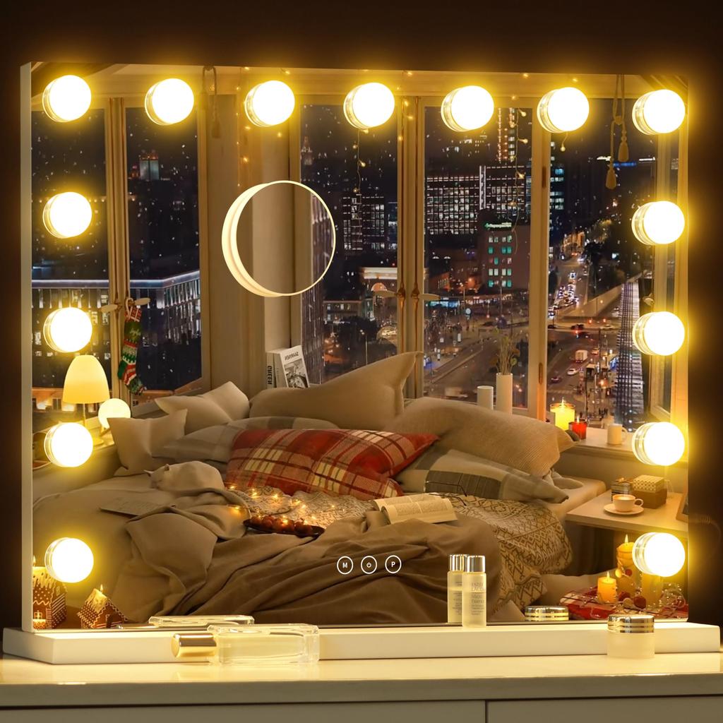NUSVAN Actress Makeup Mirror with Stepless Three Color Lighting Adjustable Large Mount LED Makeup Mirror with 15 LED 10x and USB Port Hollywood-style