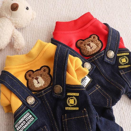 Jijijing Stylish Sweatshirt Dog Jumpsuit, Four Legged Outfit, Cute Bear Embroidery, Denim Romper Pants Onesie Clothes for Small Dogs