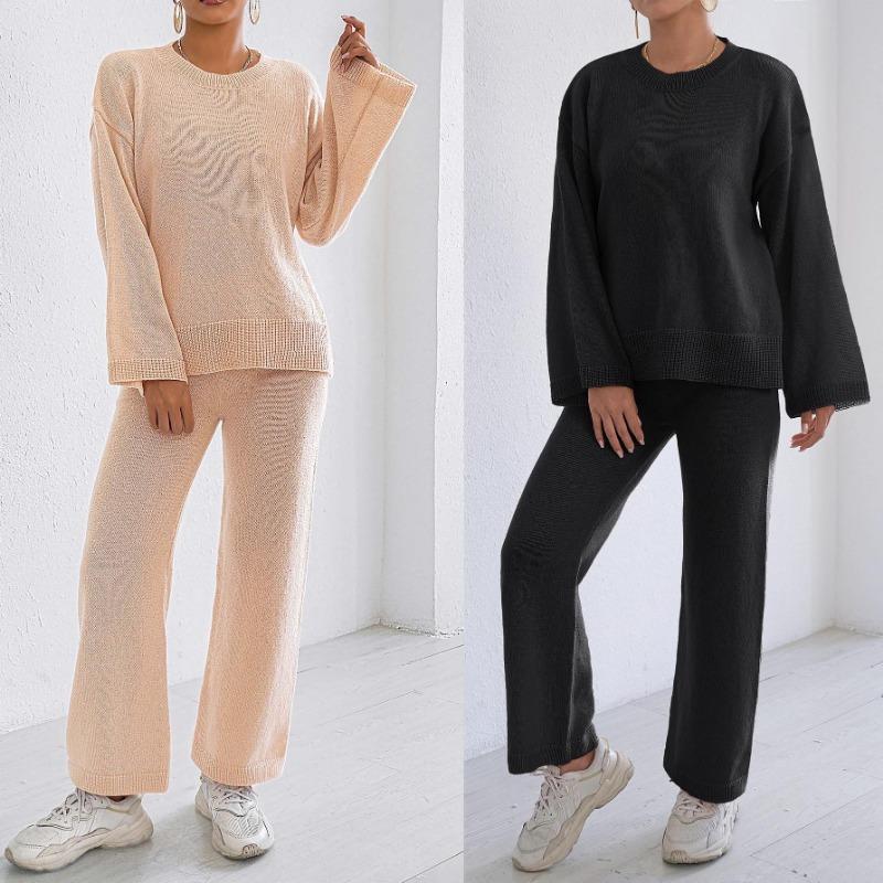 Women Loose Comfortable Solid Color Long Sleeve Sweater Wide Leg Pants Two Piece Loungewear Set