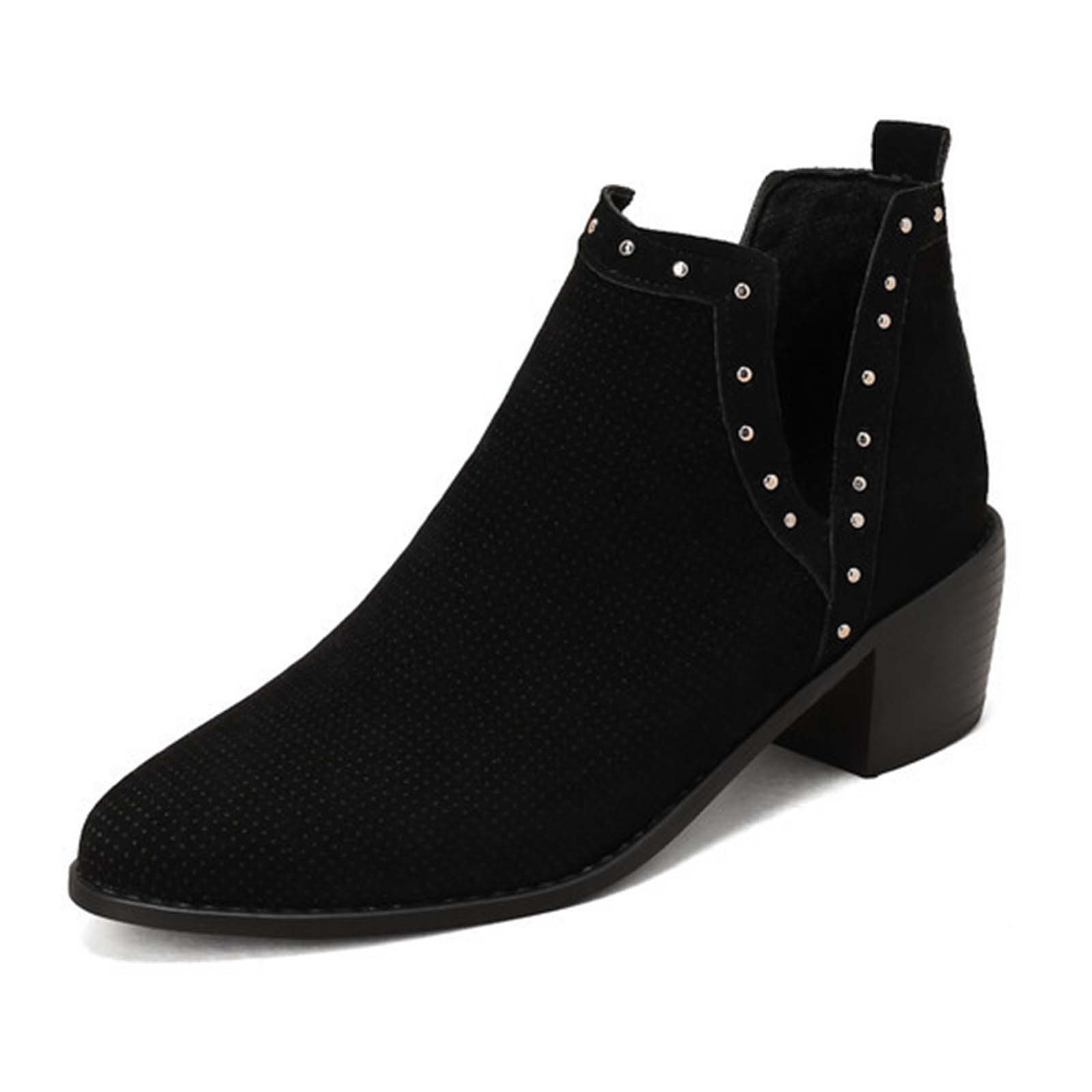 

Vintage Ankle Boots For Women Casual Cut Out Slip On Low Heel Short Chunky Stacked Heel Perforated Side V Cut Western Booties 39
