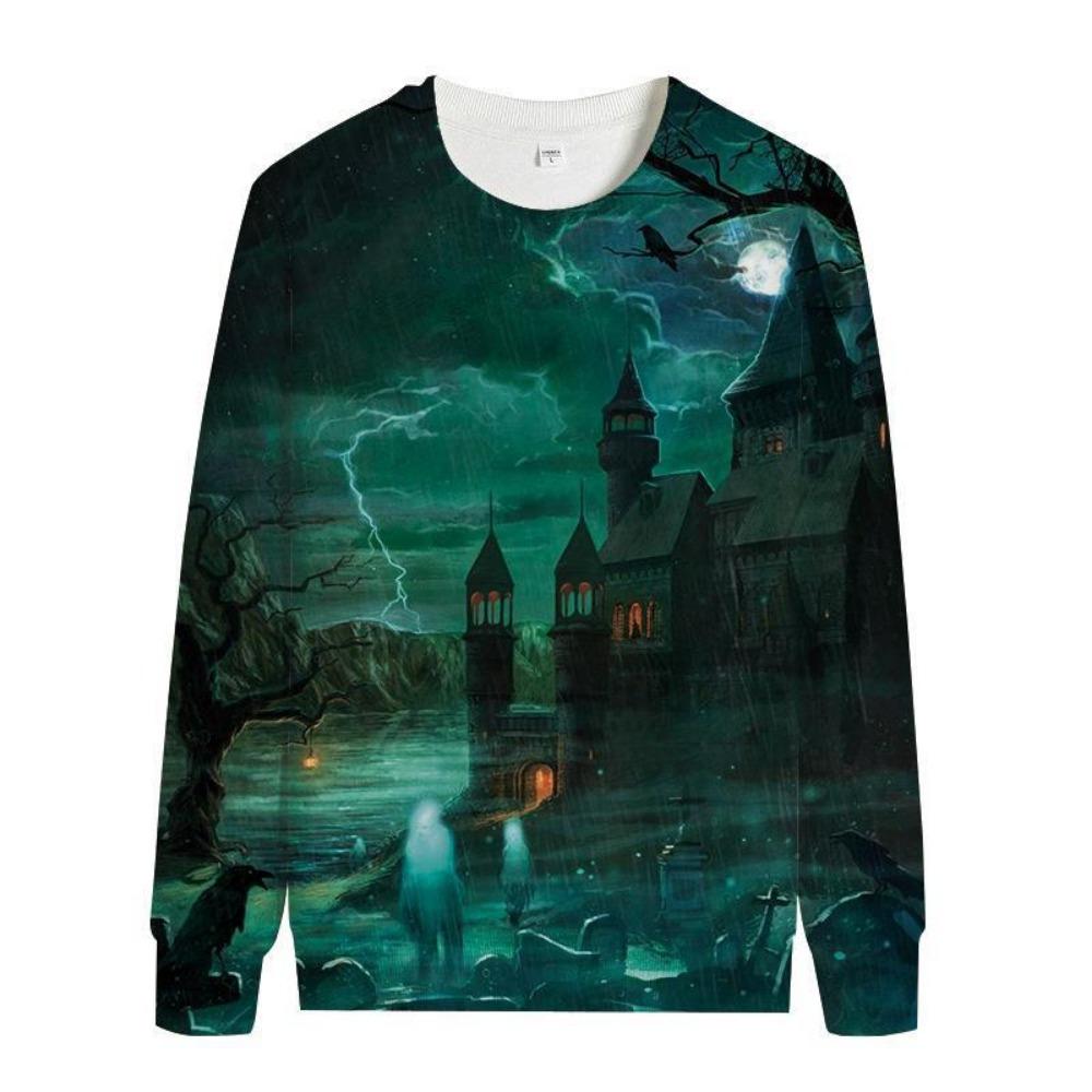 Women's Fashion Hoody Halloween Pumpkin Lamp Print Ghost Bat Sweatshirts Long Sleeved O Neck Hoodies Female Tops