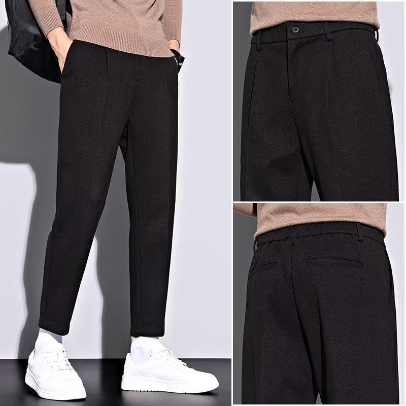 Autumn and winter velvet thickened semi-elastic waist pants men's straight woolen pants non-ironing casual large size suit pants men