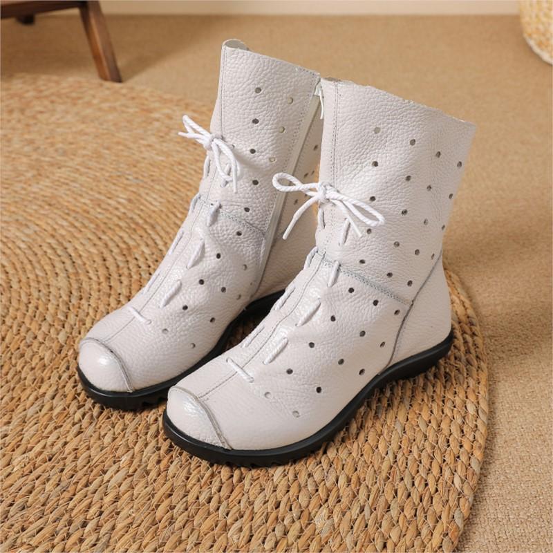 Johnature Hollow-out Breathable Mid-calf Summer Boots Comfortable Soft Soled Genuine Leather Women's Shoes