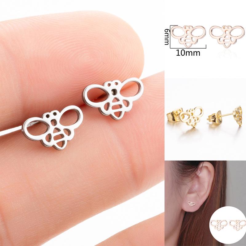 Women's Japanese-Korean Style Bee Stud Earrings - Stainless Steel Hollow Insect Ear Bone Studs