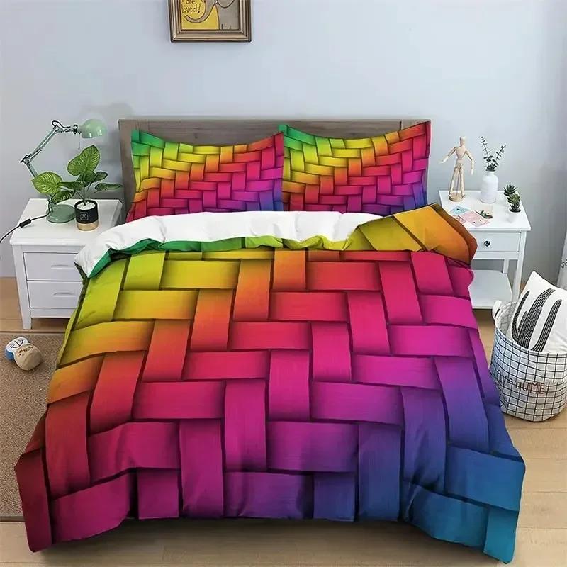 Top Abstract Geometric Duvet Cover Microfiber Queen Bedding Set Boys Kids Room Rainbow Plaid Print Quilt Cover With Pillowcase
