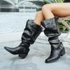 Fashion Fashion Wide Leg Cowboy Boots for Women 2025 Autumn PU leather Knee High Boots Woman Buckle Strap Chunky Heel Riding Botas Mujer