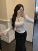 Threaded Plush Women's V-Neck Furry Cuff Long Sleeve T-Shirt - Black & White