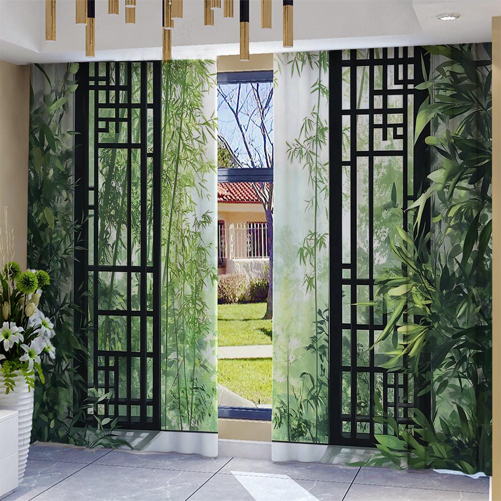 2 ks Domácí okenní závěsy s bambusovým lesem, krajinným pozadím a kapsou na tyč, Kuchyně, Kavárna, Obývací pokoj, Ba