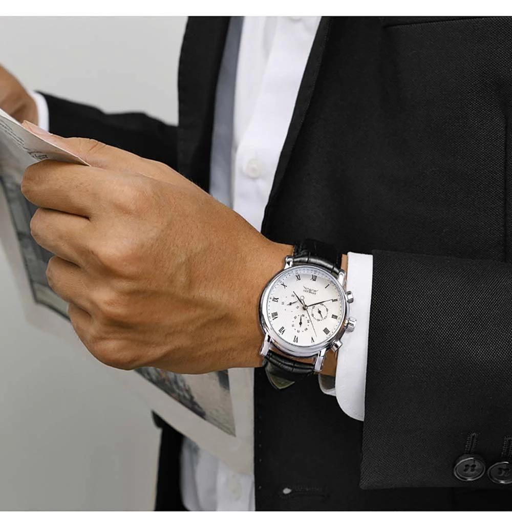 Men's Jaragar Automatic Mechanical Watch with Roman Numerals Dial Week & Date Display Three Hand Six Needle Design Classic Style