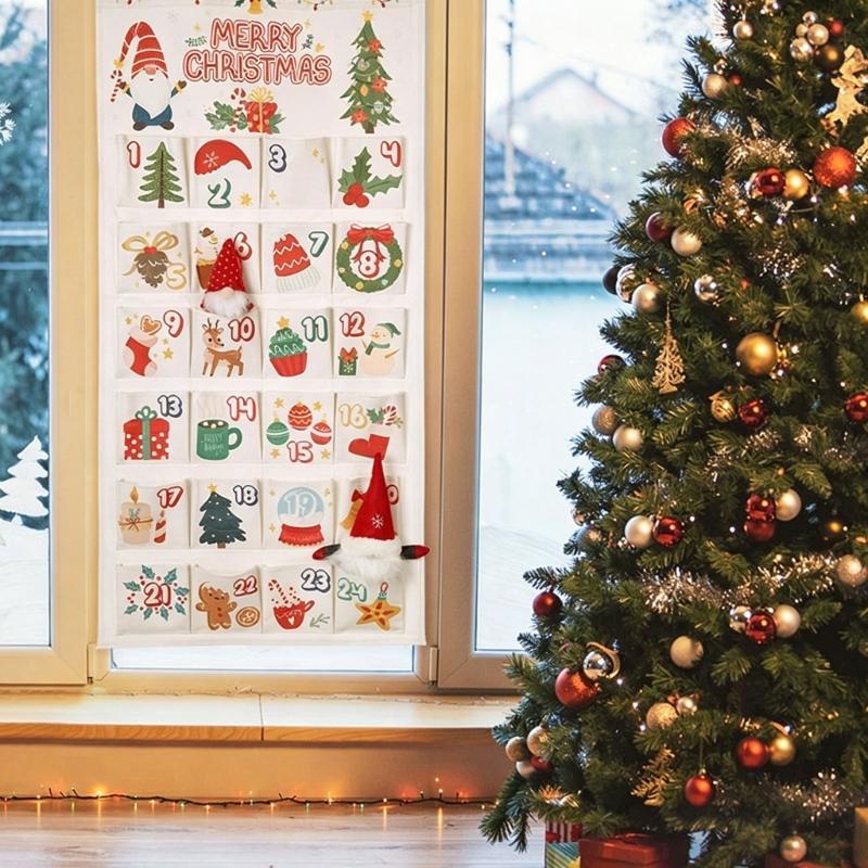 Hanging Christmas Advent Calendar with 24 Fillable Compartments, Fabric Wall Advent Ornament for Daily Surprises Across Homes or Classrooms