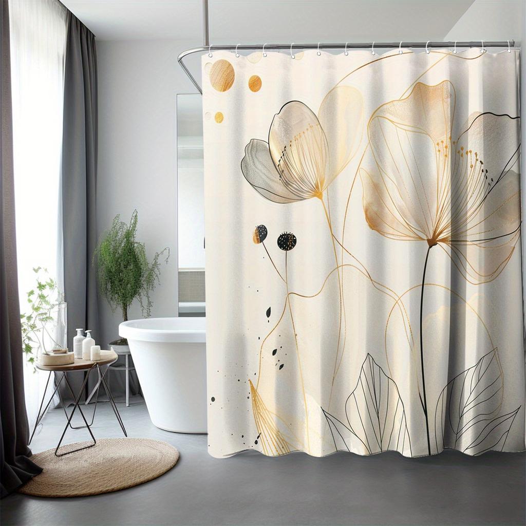 Elegant Beige and White Abstract Floral Waterproof Shower Curtain – Ideal for Adding a Soft and Stylish Touch To Your Bathroom