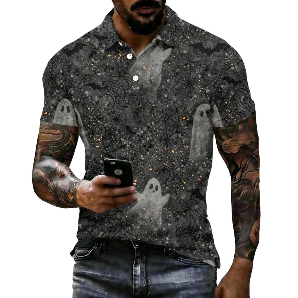 Men's Halloween Printed Short Sleeve Polo Shirt Loose Casual Summer Daily Wear Button Down Collar Top