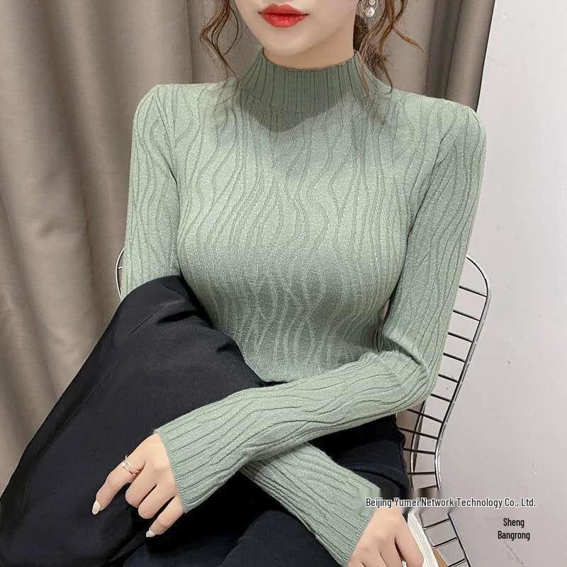 Autumn/Winter Women's Slim Fit Long-Sleeve Knitted Sweater with Semi-High Collar