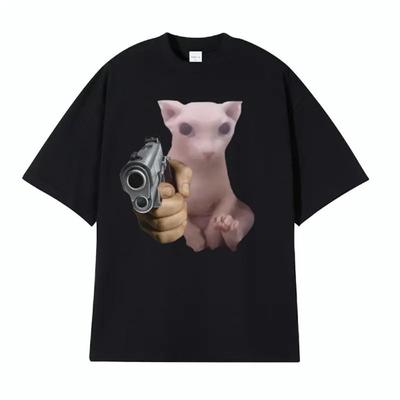Lustiges Bingus mit Waffe Katze Meme T-Shirt Herren Damen Freizeit Harajuku Mode T-Shirts Männlich 100% Baumwolle O-Ausschnitt Lockere T-Shirt Tops