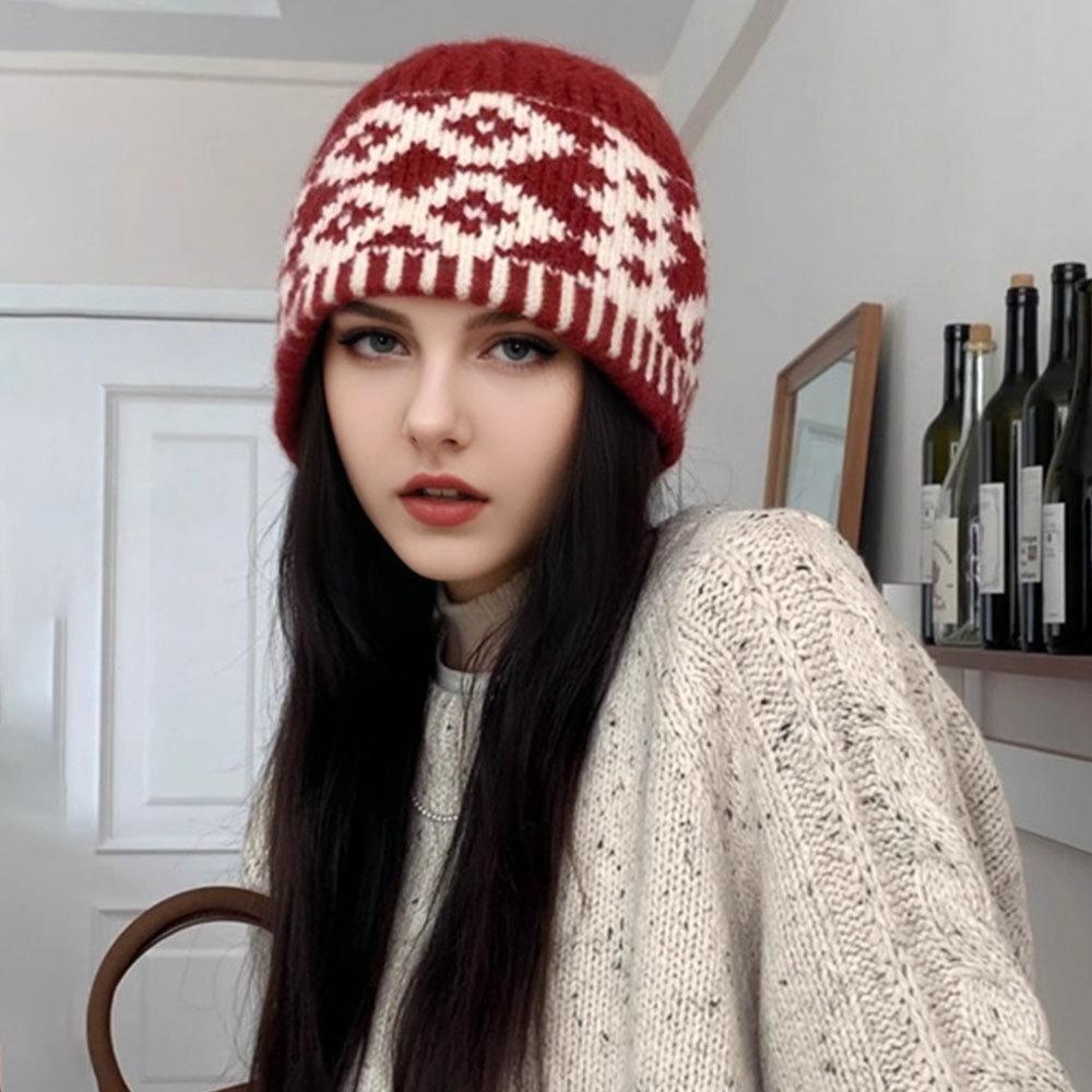 Retro Diamond Knitted Hat for Women Versatile Autumn and Winter Warm Ear Protection Cold Hat Knitted Wool Hat Bucket Fisherman Hat