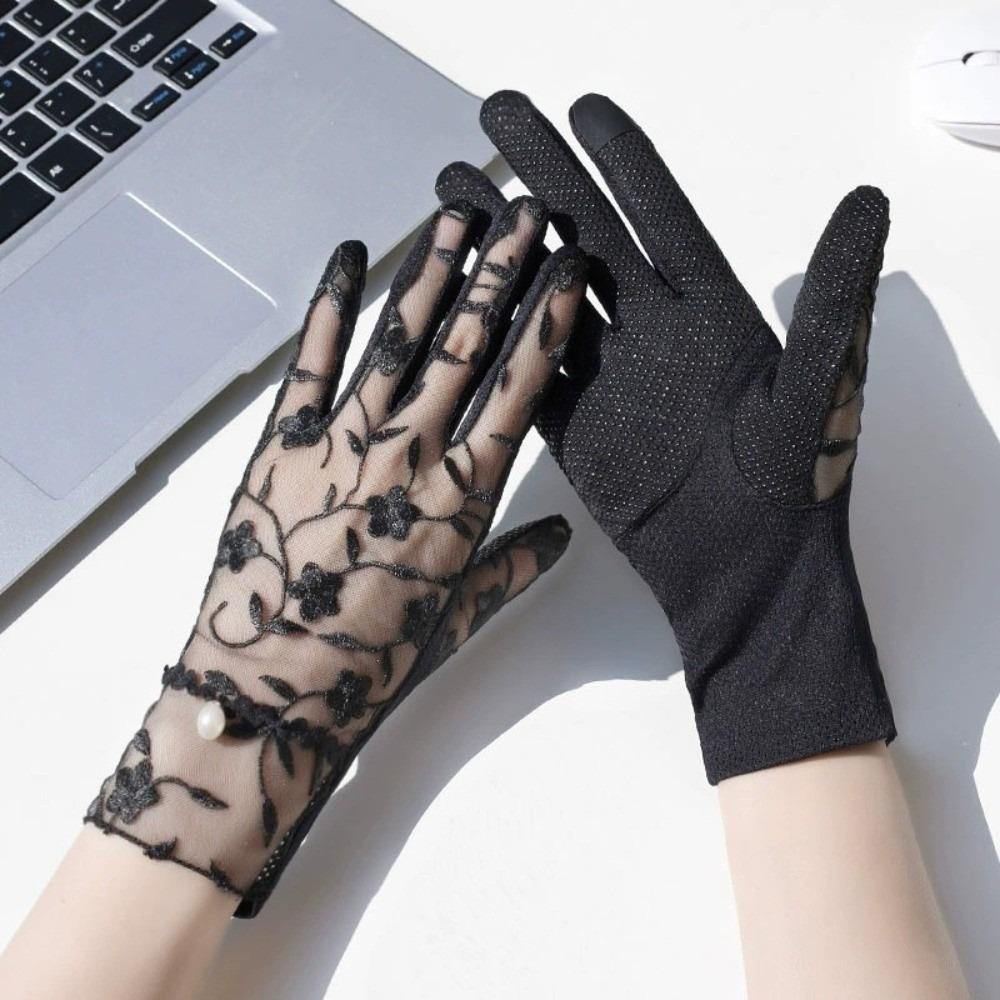 

Non-Slip Grip Touchscreen Gloves Floral Embroidery Sunscreen Gloves Women Driving Mittens Summer