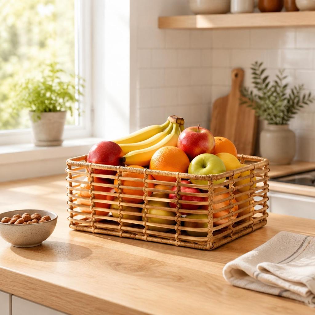 Desktop Fruit Basket Waterproof Woven Storage Basket Organizer Natural Look for Kitchen