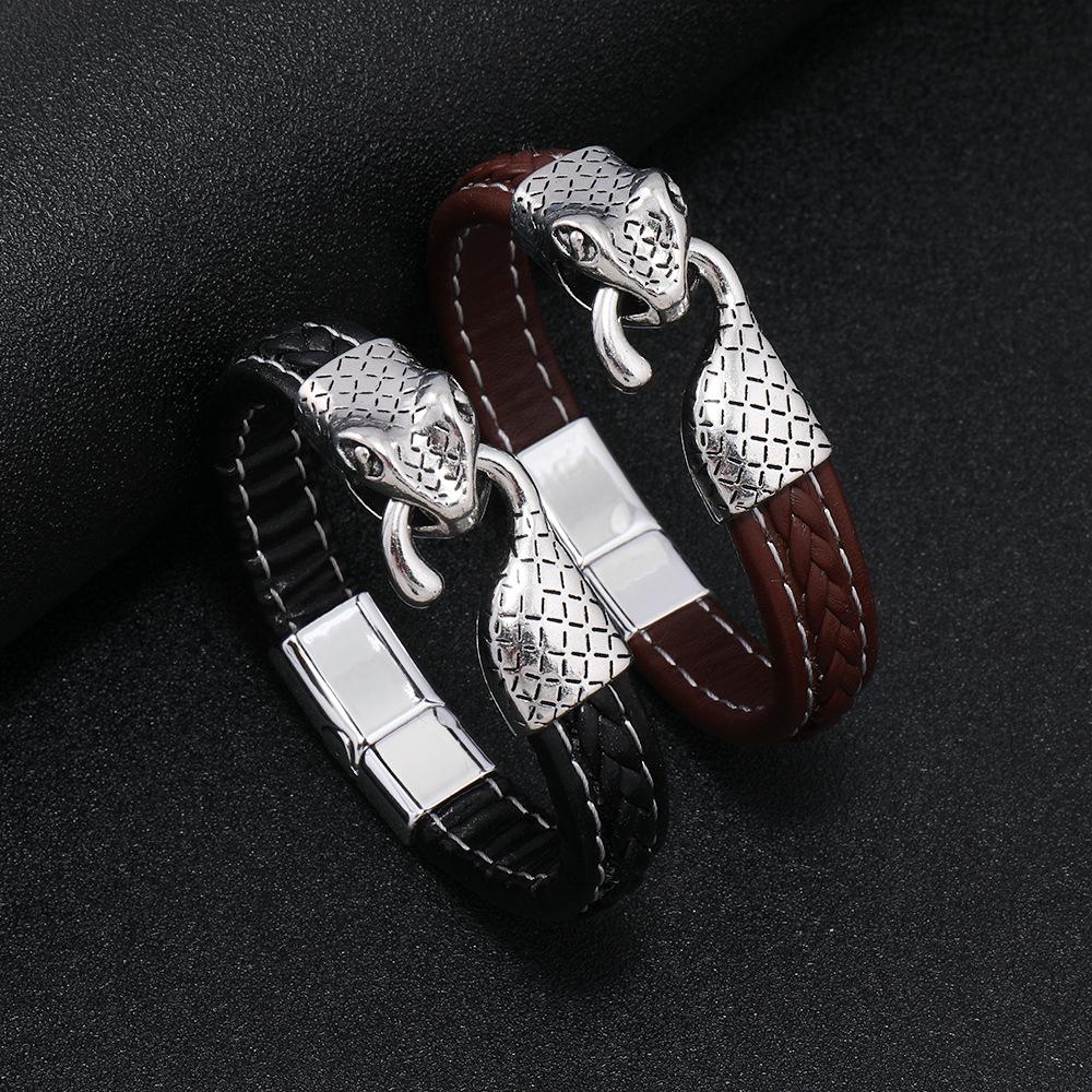 Gothic Snake Bracelet Men Braided Stainless Steel Snake Head Hip Hop Hand Jewelry Leather Braslet Hombre Rock Accessories