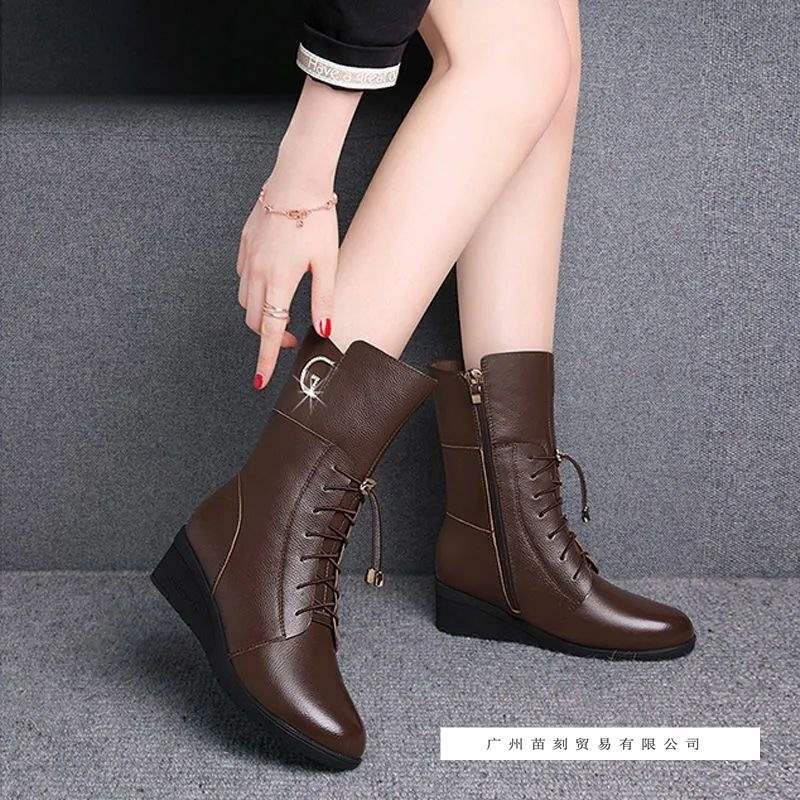 High quality real soft leather medium boots women's soft sole heightened four-season wedge heel leather boots mother cotton boots