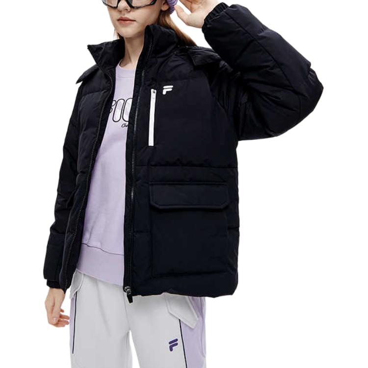 Fila Fusion Logo Print Fashion Casual Warm Hooded Down Jacket Women outerwear Deep-Black T11W241911FBK
