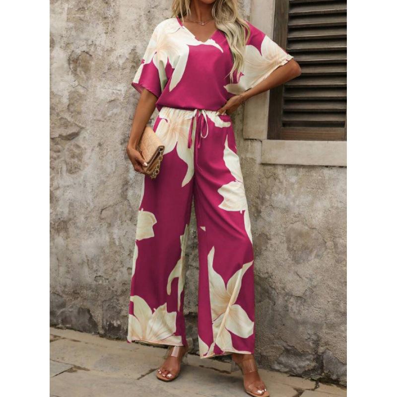 1116 Summer European and American suit printed V-neck bat sleeve top long pants fashion source