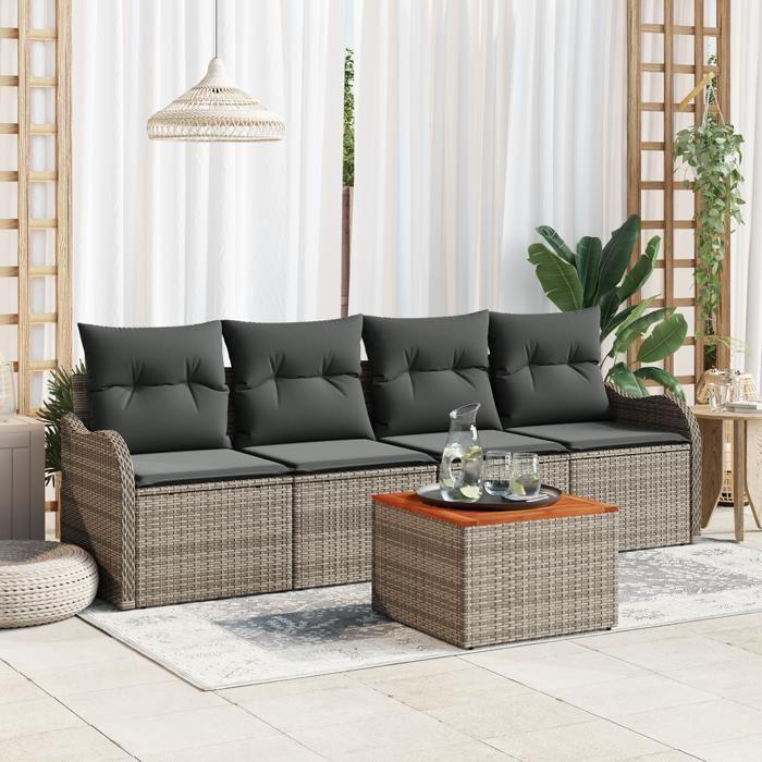 VidaXL Ensemble de Canapé de Jardin de 5 Pièces avec Coussins Gris Poly Rattan Acacia 3347510