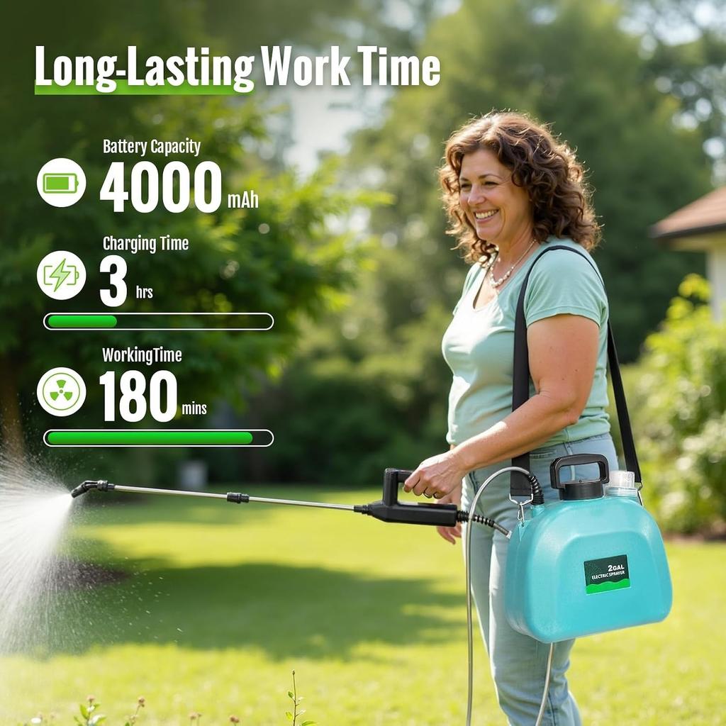 Battery Powered Sprayer 2 Gallon, Electric Weed Sprayer with 3 Adjustable Spray Pressures, Battery Indicator, Telescopic Wand and 4 Nozzles, forGarden