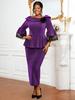 Elegantní fialové bodycon šaty pro ženy, třpytivý peplum top s volánovými rukávy a krajkovou ozdobou, kostým do kostela, pro svatebního hosta, formální oděv