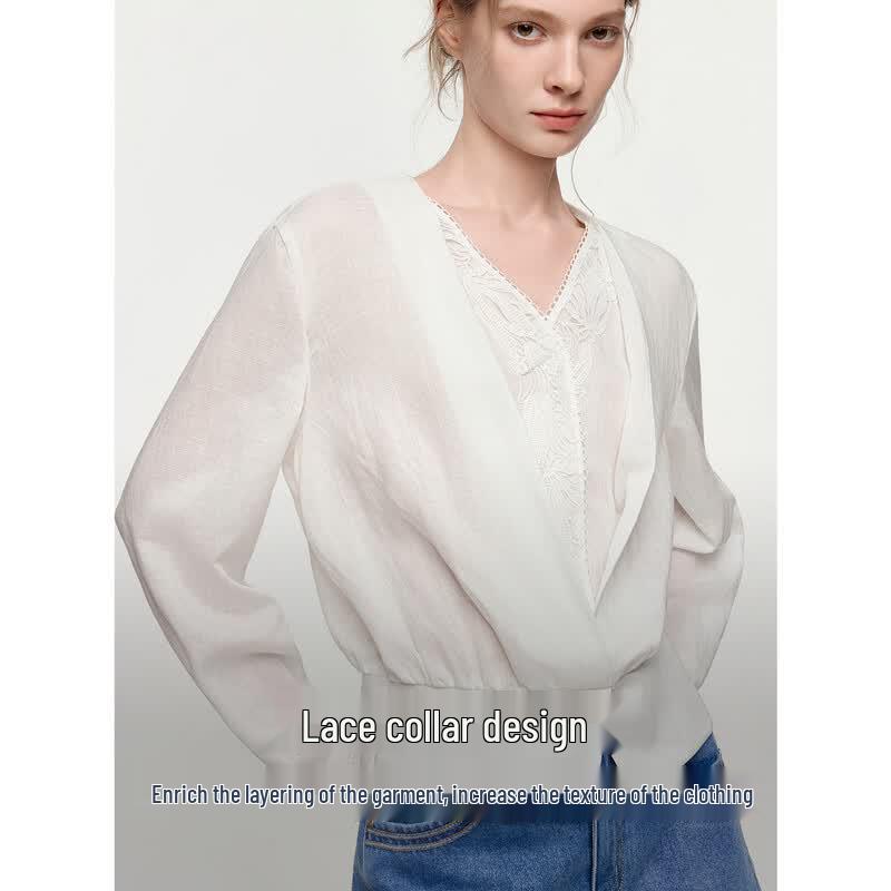 ELLE Linen Embroidery Lace V-Neck Blouse