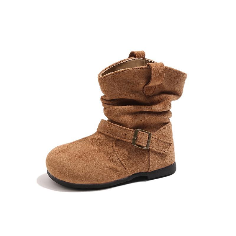 Kids Girls Retro French Style Suede Slouchy Mid Calf Slip On Boots