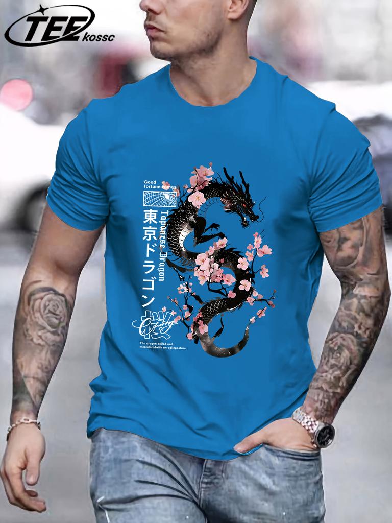 Sakura Tokyo Dragon Print Men TShirts Cotton Crewneck Vintage Short Sleeve Fashion Summer Top Unisex Sports AllMatch Clothing